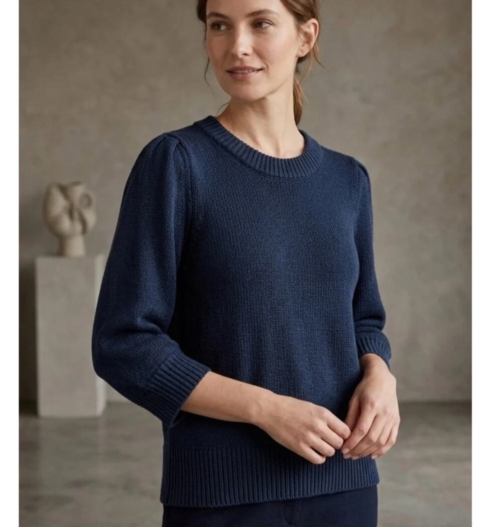 Evereve women's sweater navy blue small cotton linen puff sleeve